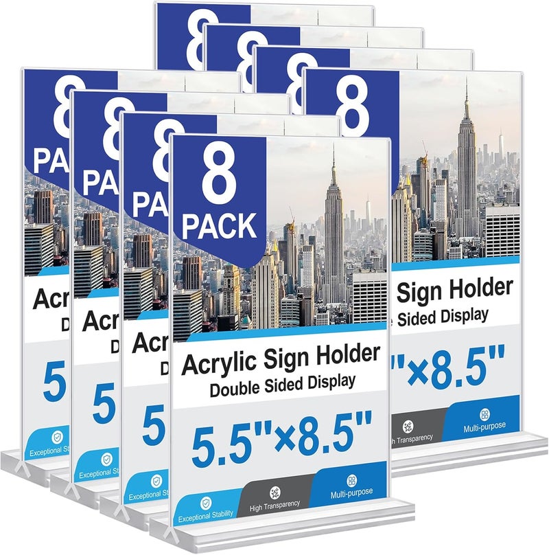 dulvus Acrylic Sign Holder 5.5x8.5 Inches 8 Pack, Double Sided Vertical Clear Display Stand, Plastic Frame Flyer Holder for Tabletop, Office, Restaurant, Store - Image 1